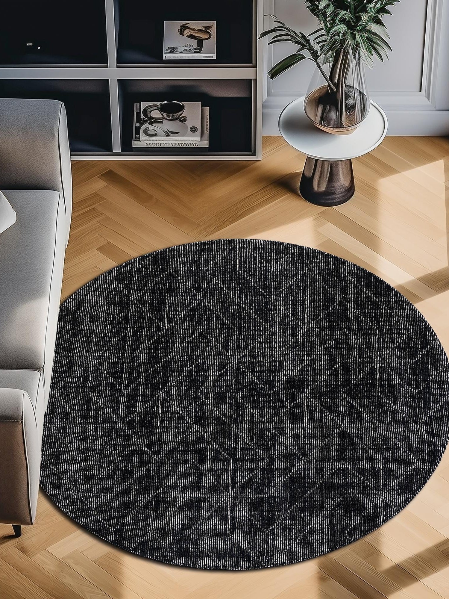 Jet Black 7' 10 x 7' 10 WoolCraft Geometric Round Area Rug Hand Tufted Premium 100% Wool With Cotton Backing Luxury Carpet for Sale at Rug Engine
