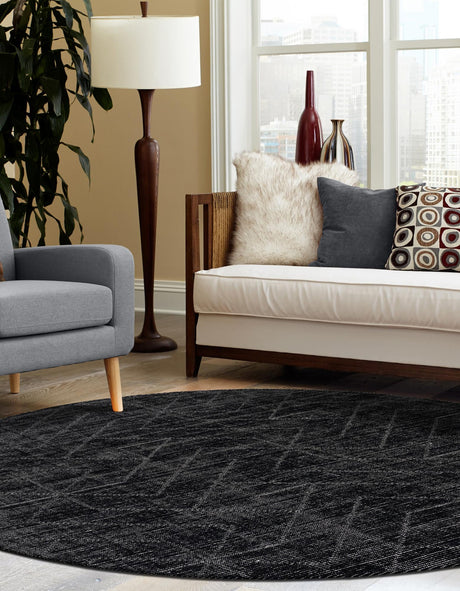 Jet Black 7' 10 x 7' 10 WoolCraft Geometric Round Area Rug Hand Tufted Premium 100% Wool With Cotton Backing Luxury Carpet for Sale at Rug Engine