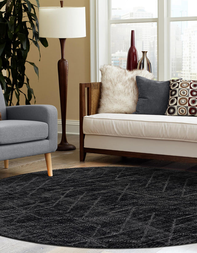 Jet Black 7' 10 x 7' 10 WoolCraft Geometric Round Area Rug Hand Tufted Premium 100% Wool With Cotton Backing Luxury Carpet for Sale at Rug Engine