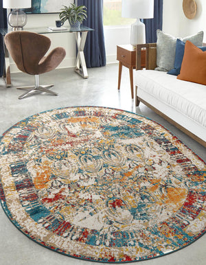 Multicolor 7' 10 x 10' Rosso Oval Area Rug Vintage Distressed Faded Traditional Design Carpet for Unique Home Interior Design for Sale at Rug Engine