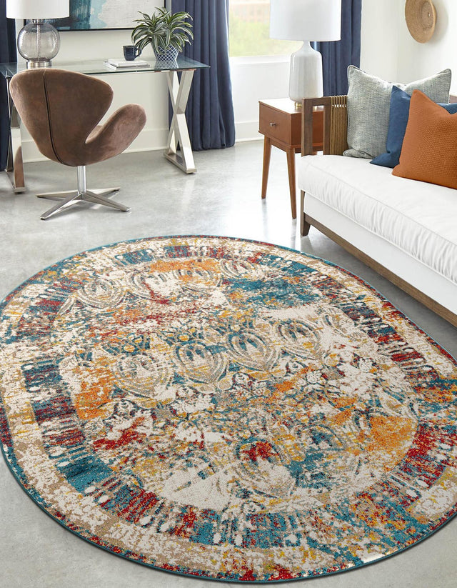 Multicolor 7' 10 x 10' Rosso Oval Area Rug Vintage Distressed Faded Traditional Design Carpet for Unique Home Interior Design for Sale at Rug Engine
