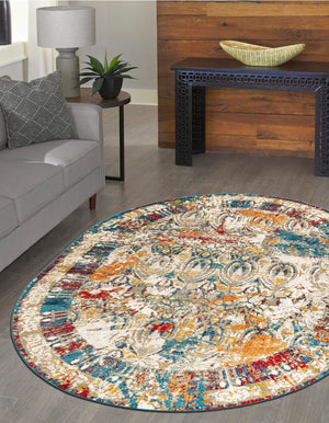 Multicolor 7' 10 x 10' Rosso Oval Area Rug Vintage Distressed Faded Traditional Design Carpet for Unique Home Interior Design for Sale at Rug Engine
