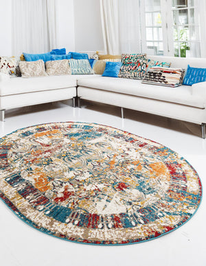 Multicolor 7' 10 x 10' Rosso Oval Area Rug Vintage Distressed Faded Traditional Design Carpet for Unique Home Interior Design for Sale at Rug Engine