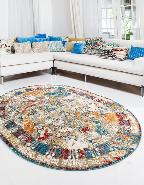 Multicolor 7' 10 x 10' Rosso Oval Area Rug Vintage Distressed Faded Traditional Design Carpet for Unique Home Interior Design for Sale at Rug Engine