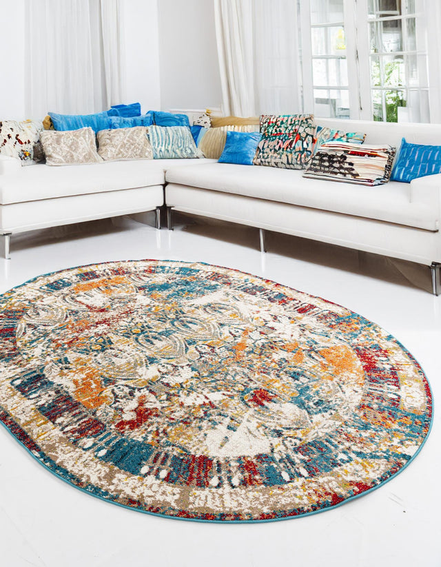 Multicolor 7' 10 x 10' Rosso Oval Area Rug Vintage Distressed Faded Traditional Design Carpet for Unique Home Interior Design for Sale at Rug Engine