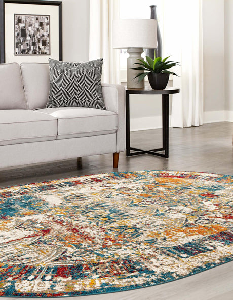 Multicolor 7' 10 x 10' Rosso Oval Area Rug Vintage Distressed Faded Traditional Design Carpet for Unique Home Interior Design for Sale at Rug Engine