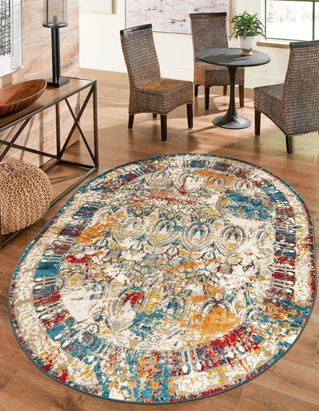 Multicolor 7' 10 x 10' Rosso Oval Area Rug Vintage Distressed Faded Traditional Design Carpet for Unique Home Interior Design for Sale at Rug Engine
