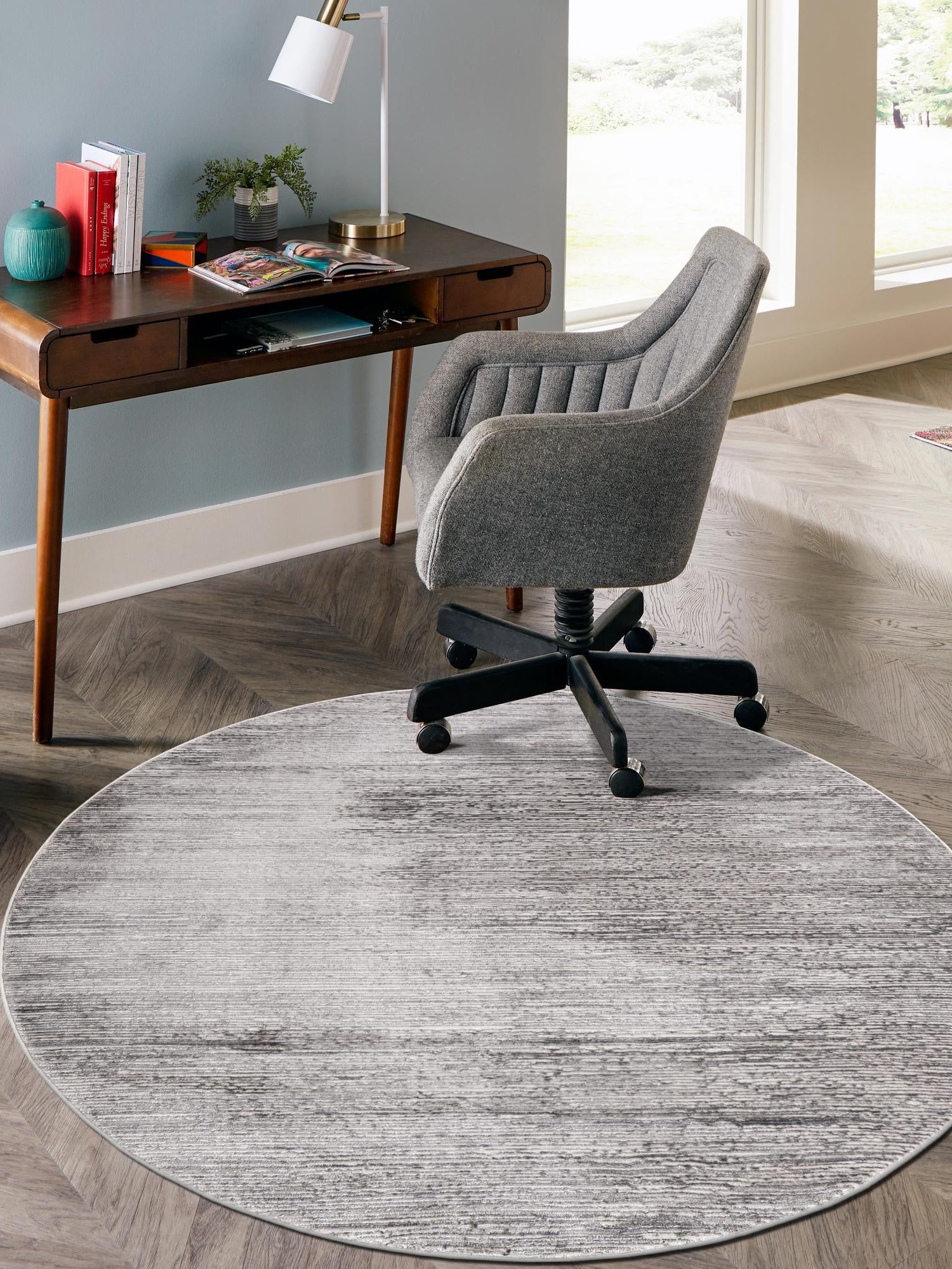 Gray 7' 10 x 7' 10 Finsbury Round Area Rug 60% Polypropylene & 40% Polyester Contemporary Carpet for Living Rooms, Dining, Offices for Sale at Rug Engine