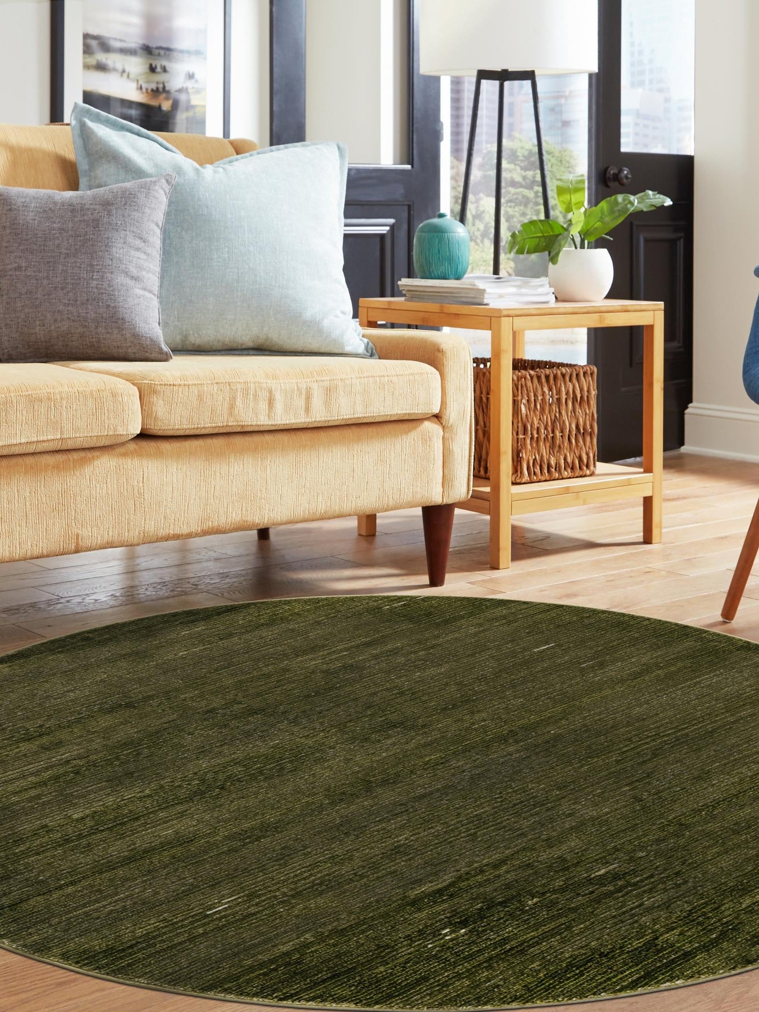 Green 7' 10 x 7' 10 Finsbury Round Area Rug 60% Polypropylene & 40% Polyester Contemporary Carpet for Living Rooms, Dining, Offices for Sale at Rug Engine