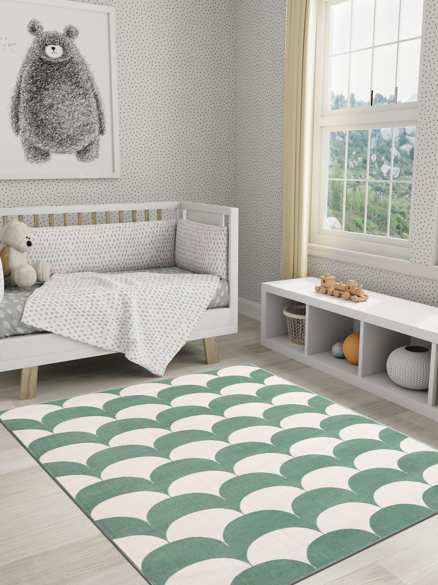Soft Green 5' 1 x 7' 1 Whimsy Kids Rectangle Area Rug for Baby Nursery, Toddler Playroom, Bedrooms