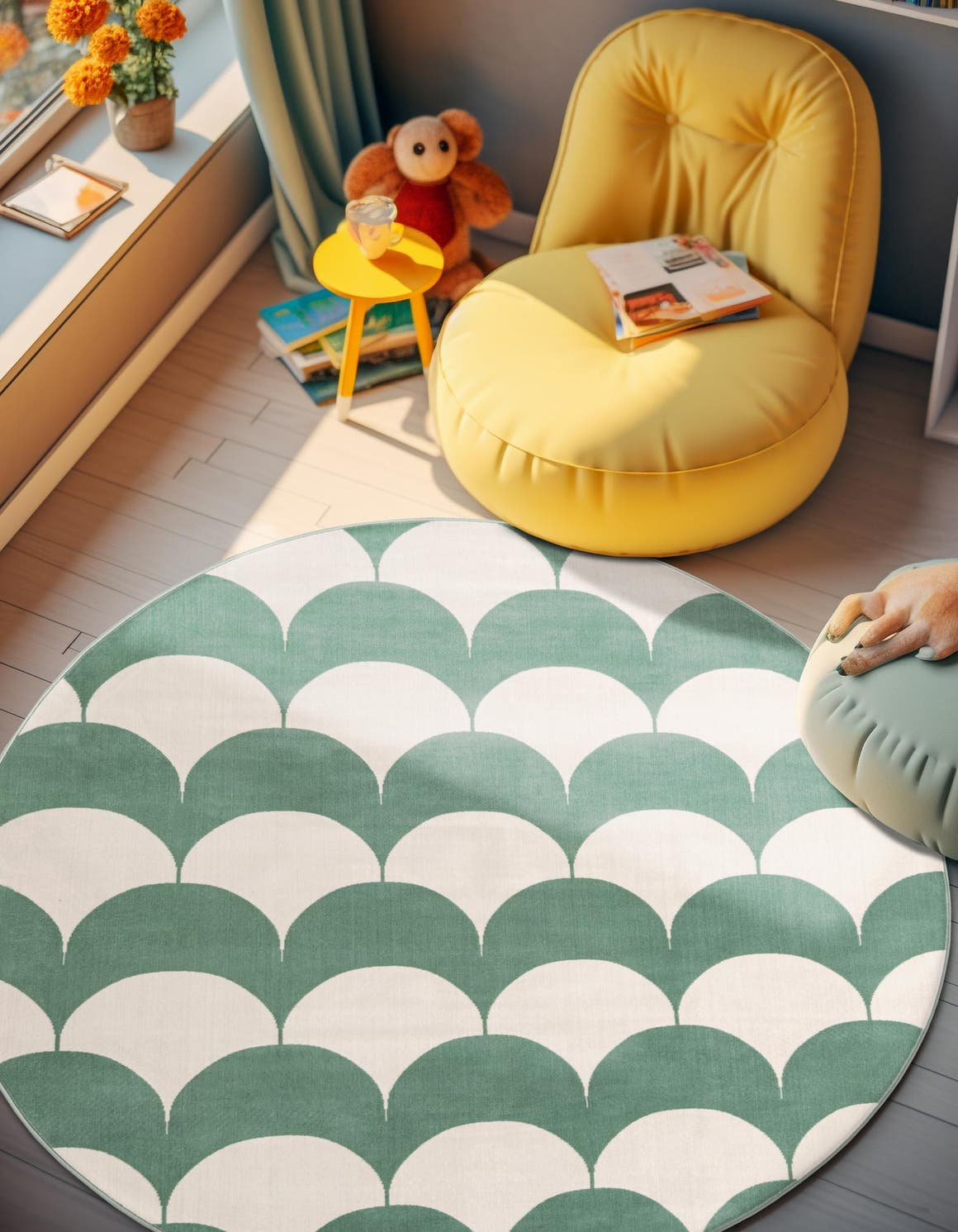 Soft Green 5' 3 x 5' 3 Whimsy Kids Round Area Rug for Baby Nursery, Toddler Playroom,  Bedrooms Playful Fun Design Easy Clean Carpet for Sale at Rug Engine