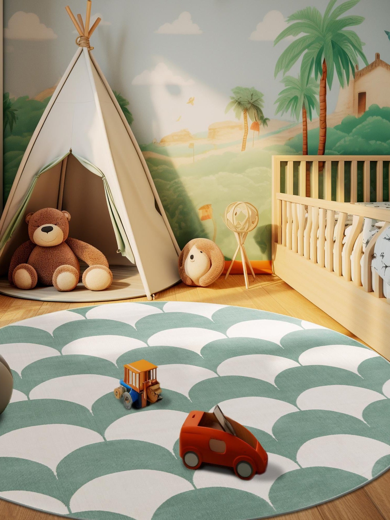Soft Green 4' 1 x 4' 1 Whimsy Kids Round Area Rug for Baby Nursery, Toddler Playroom,  Bedrooms Playful Fun Design Easy Clean Carpet for Sale at Rug Engine