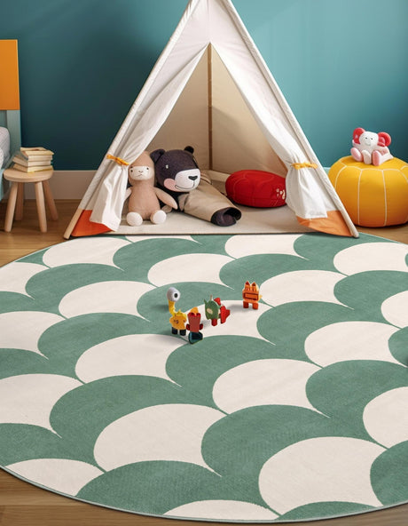 Soft Green 4' 1 x 4' 1 Whimsy Kids Round Area Rug for Baby Nursery, Toddler Playroom,  Bedrooms Playful Fun Design Easy Clean Carpet for Sale at Rug Engine