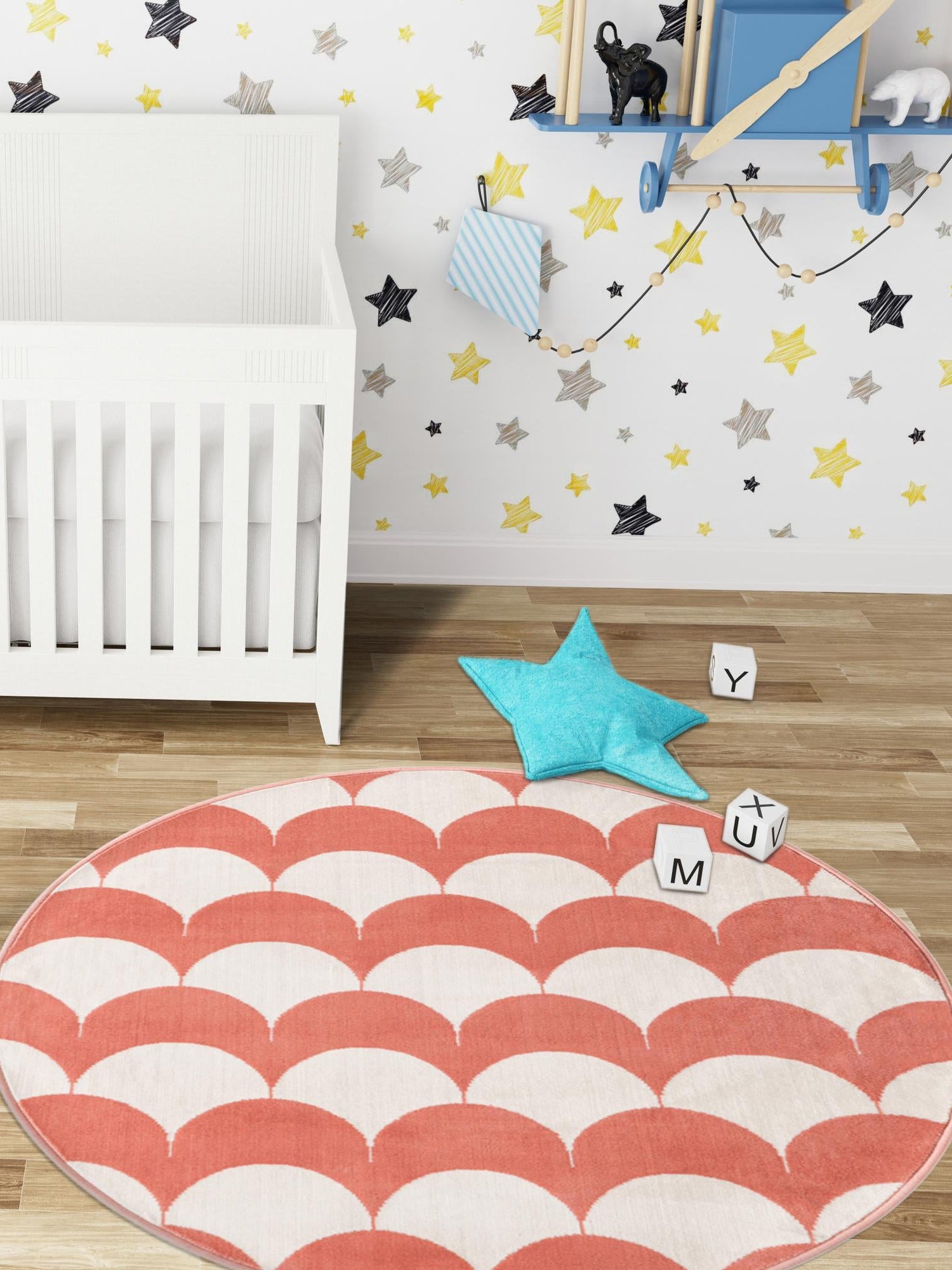 Soft Coral Pink 4' 1 x 4' 1 Whimsy Kids Round Area Rug for Baby Nursery, Toddler Playroom, Bedrooms