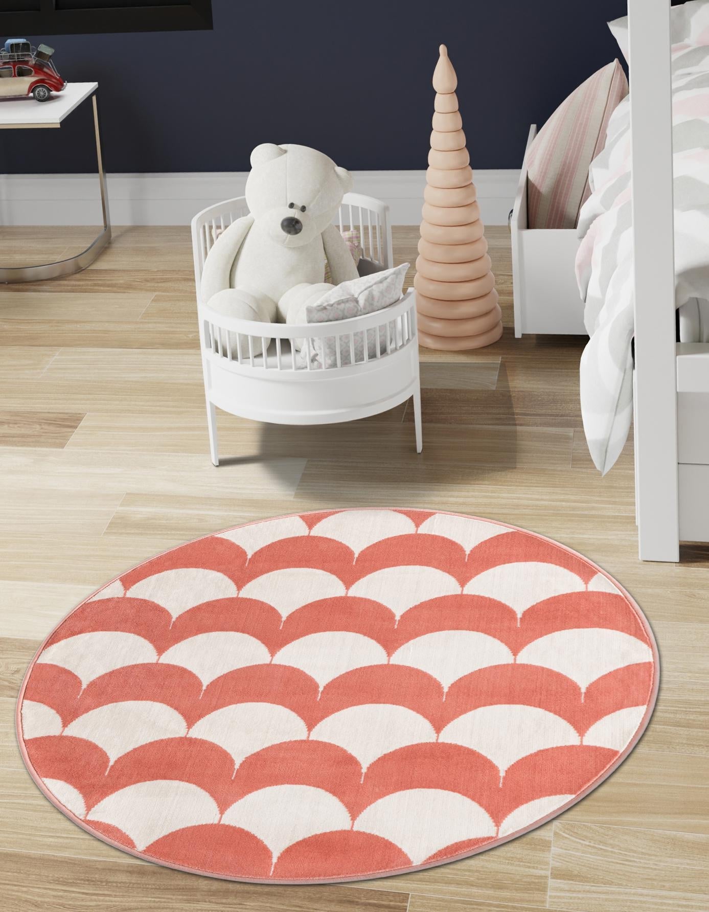 Soft Coral Pink 4' 1 x 4' 1 Whimsy Kids Round Area Rug for Baby Nursery, Toddler Playroom, Bedrooms
