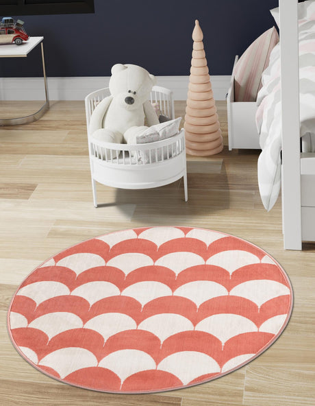 Soft Coral Pink 7' 10 x 7' 10 Whimsy Kids Round Area Rug for Baby Nursery, Toddler Playroom,  Bedrooms Playful Fun Design Easy Clean Carpet for Sale at Rug Engine