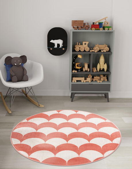 Soft Coral Pink 7' 10 x 7' 10 Whimsy Kids Round Area Rug for Baby Nursery, Toddler Playroom,  Bedrooms Playful Fun Design Easy Clean Carpet for Sale at Rug Engine