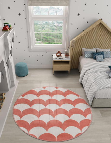 Soft Coral Pink 7' 10 x 7' 10 Whimsy Kids Round Area Rug for Baby Nursery, Toddler Playroom,  Bedrooms Playful Fun Design Easy Clean Carpet for Sale at Rug Engine