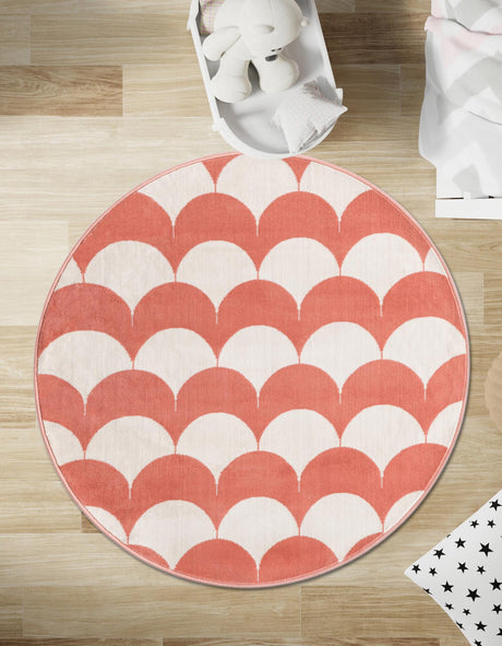 Soft Coral Pink 3' 1 x 3' 1 Whimsy Kids Round Area Rug for Baby Nursery, Toddler Playroom,  Bedrooms Playful Fun Design Easy Clean Carpet for Sale at Rug Engine
