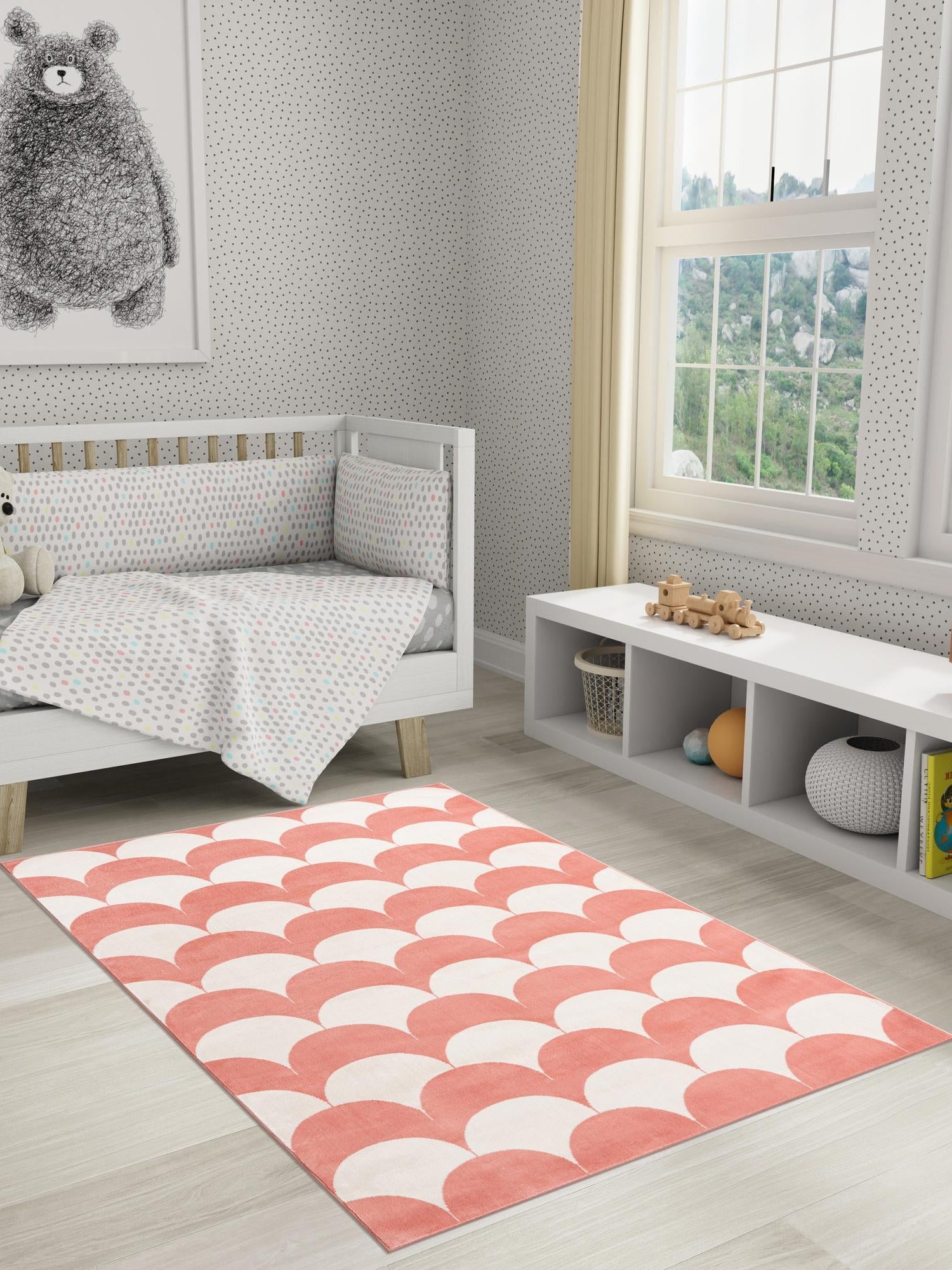 Soft Coral Pink 4' 1 x 6' 1 Whimsy Kids Rectangle Area Rug for Baby Nursery, Toddler Playroom,  Bedrooms Playful Fun Design Easy Clean Carpet for Sale at Rug Engine