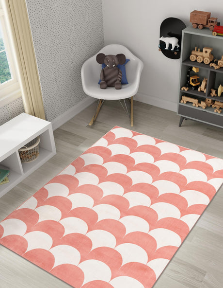 Soft Coral Pink 5' 1 x 7' 1 Whimsy Kids Rectangle Area Rug for Baby Nursery, Toddler Playroom,  Bedrooms Playful Fun Design Easy Clean Carpet for Sale at Rug Engine