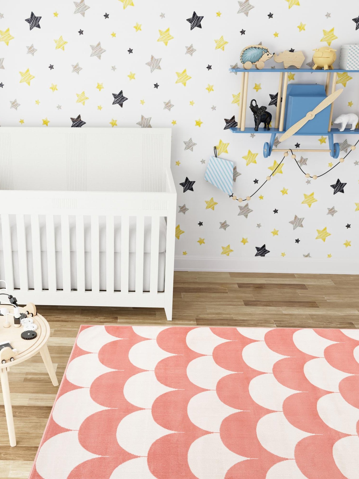 Soft Coral Pink 5' 1 x 7' 1 Whimsy Kids Rectangle Area Rug for Baby Nursery, Toddler Playroom, Bedrooms