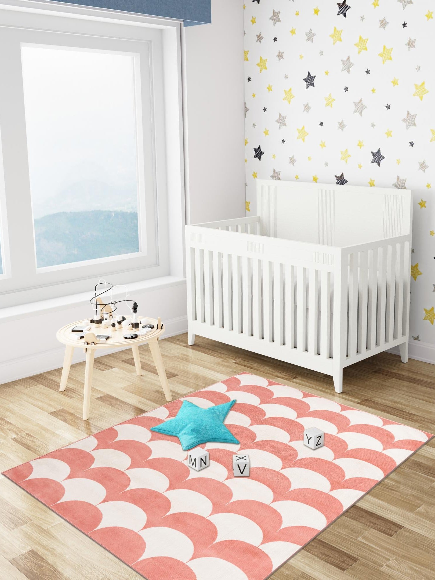 Soft Coral Pink 5' 1 x 7' 1 Whimsy Kids Rectangle Area Rug for Baby Nursery, Toddler Playroom, Bedrooms