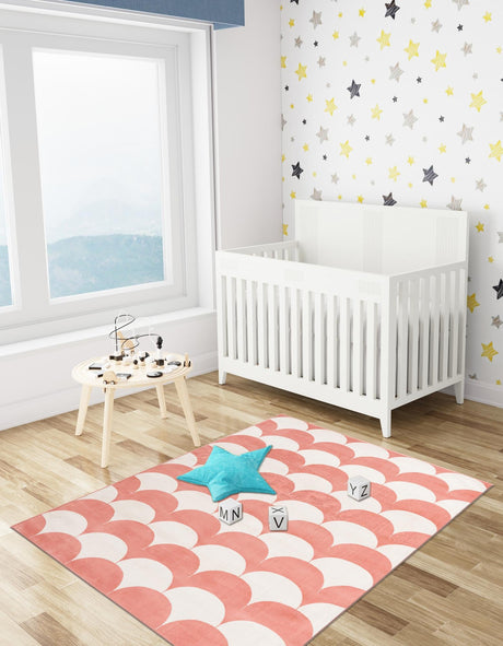 Soft Coral Pink 5' 1 x 7' 1 Whimsy Kids Rectangle Area Rug for Baby Nursery, Toddler Playroom,  Bedrooms Playful Fun Design Easy Clean Carpet for Sale at Rug Engine