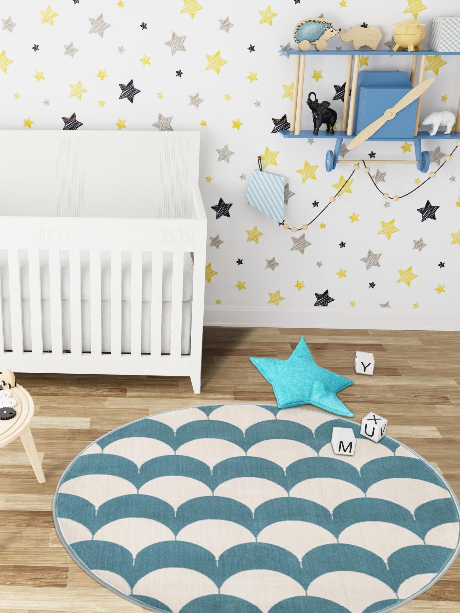 Sky blue 3' 1 x 3' 1 Whimsy Kids Round Area Rug for Baby Nursery, Toddler Playroom, Bedrooms