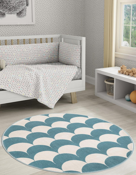 Sky blue 7' 10 x 7' 10 Whimsy Kids Round Area Rug for Baby Nursery, Toddler Playroom,  Bedrooms Playful Fun Design Easy Clean Carpet for Sale at Rug Engine
