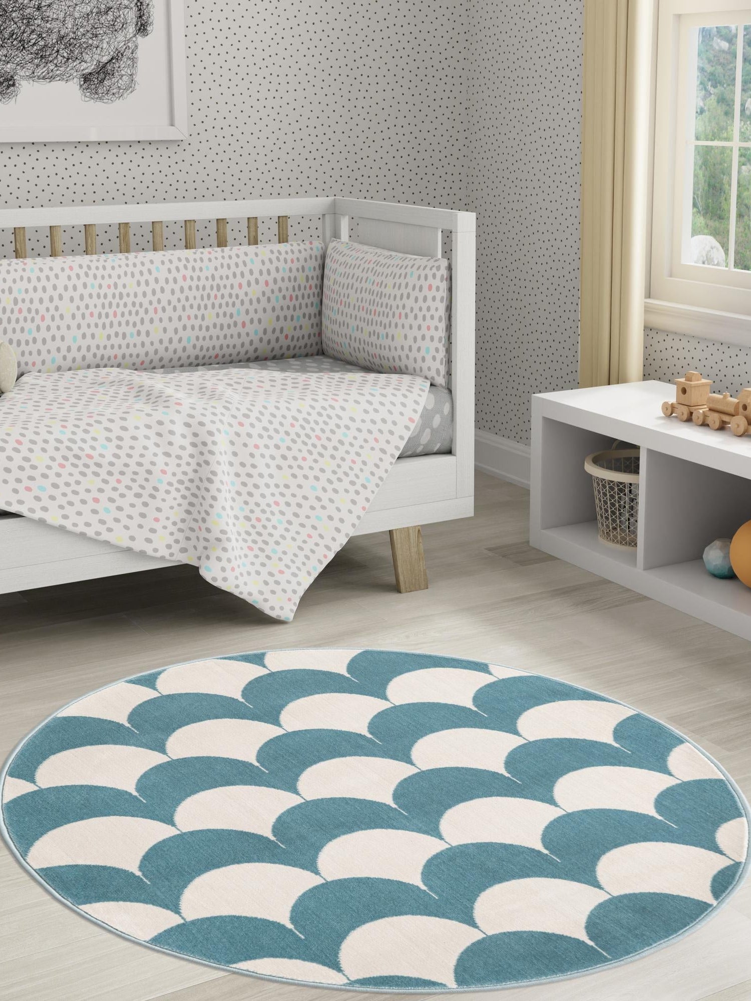 Sky blue 5' 3 x 5' 3 Whimsy Kids Round Area Rug for Baby Nursery, Toddler Playroom,  Bedrooms Playful Fun Design Easy Clean Carpet for Sale at Rug Engine