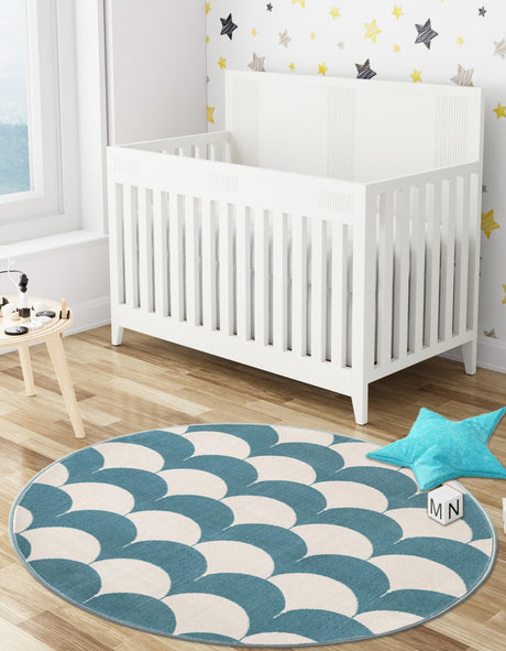 Sky blue 4' 1 x 4' 1 Whimsy Kids Round Area Rug for Baby Nursery, Toddler Playroom,  Bedrooms Playful Fun Design Easy Clean Carpet for Sale at Rug Engine