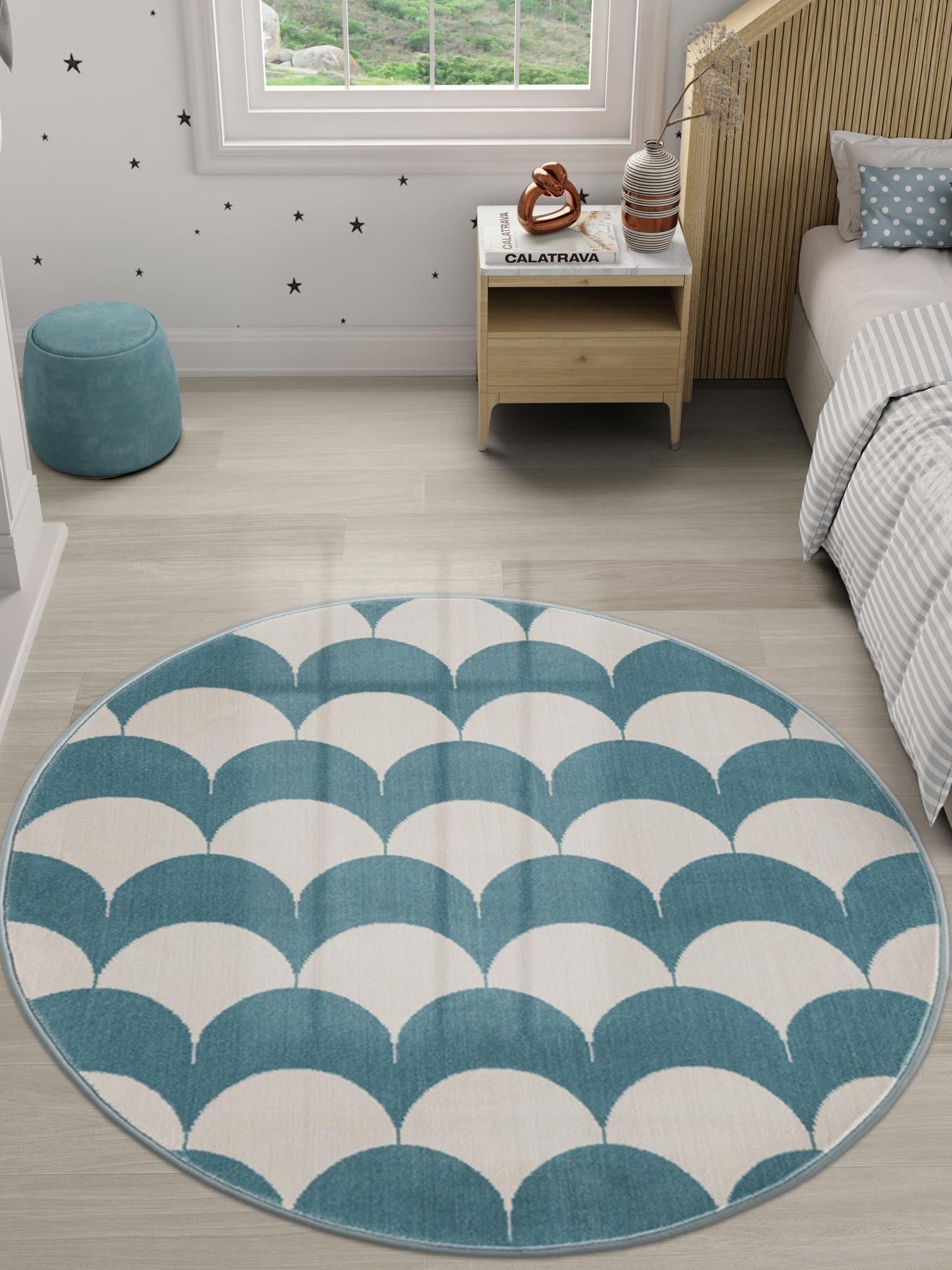 Sky blue 5' 3 x 5' 3 Whimsy Kids Round Area Rug for Baby Nursery, Toddler Playroom,  Bedrooms Playful Fun Design Easy Clean Carpet for Sale at Rug Engine
