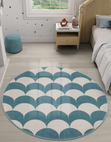 Sky blue 3' 1 x 3' 1 Whimsy Kids Round Area Rug for Baby Nursery, Toddler Playroom,  Bedrooms Playful Fun Design Easy Clean Carpet for Sale at Rug Engine