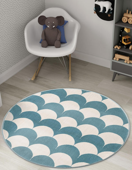 Sky blue 7' 10 x 7' 10 Whimsy Kids Round Area Rug for Baby Nursery, Toddler Playroom,  Bedrooms Playful Fun Design Easy Clean Carpet for Sale at Rug Engine