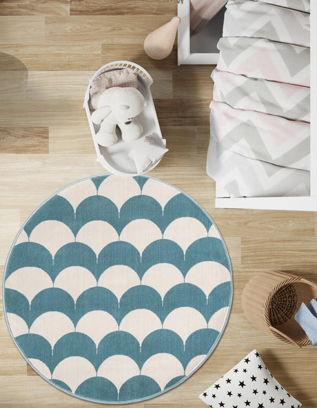 Sky blue 7' 10 x 7' 10 Whimsy Kids Round Area Rug for Baby Nursery, Toddler Playroom,  Bedrooms Playful Fun Design Easy Clean Carpet for Sale at Rug Engine