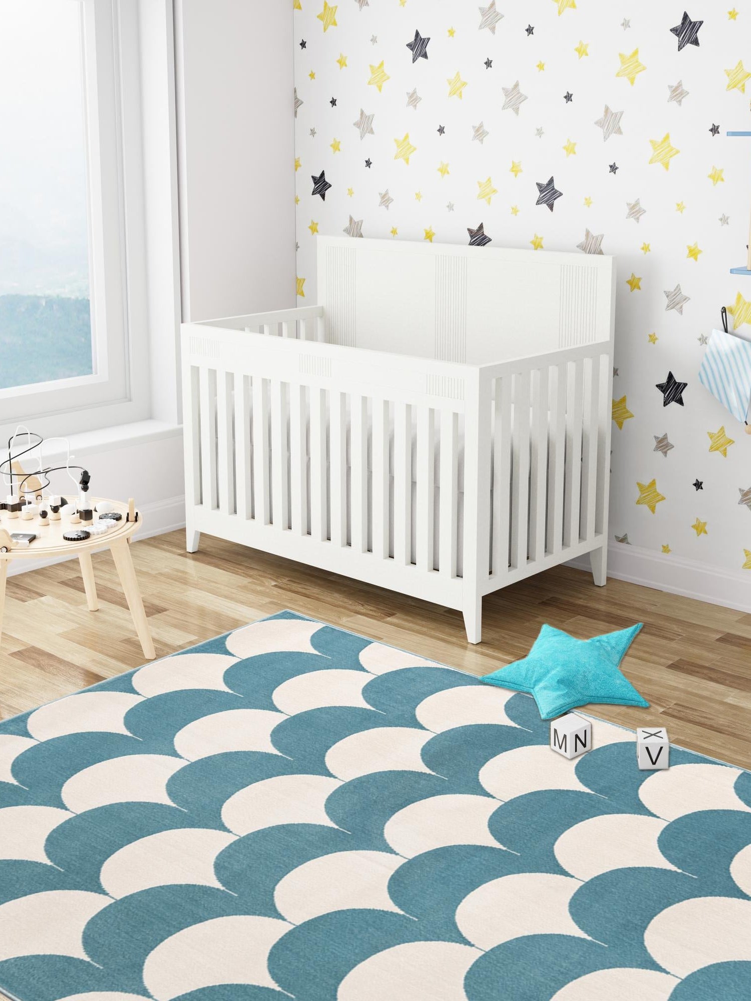 Sky blue 5' 3 x 8' Whimsy Kids Rectangle Area Rug for Baby Nursery, Toddler Playroom,  Bedrooms Playful Fun Design Easy Clean Carpet for Sale at Rug Engine