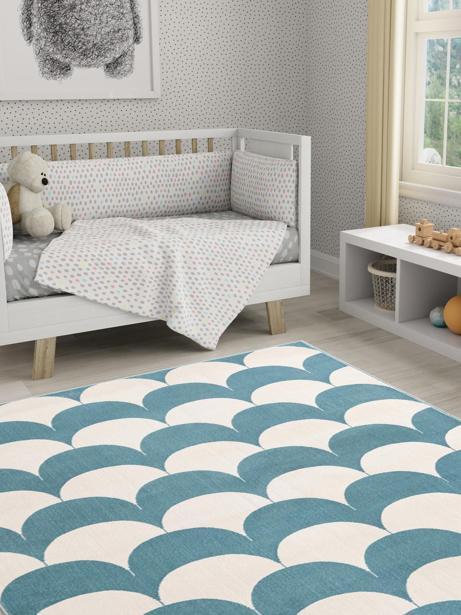 Sky blue 5' 3 x 8' Whimsy Kids Rectangle Area Rug for Baby Nursery, Toddler Playroom,  Bedrooms Playful Fun Design Easy Clean Carpet for Sale at Rug Engine
