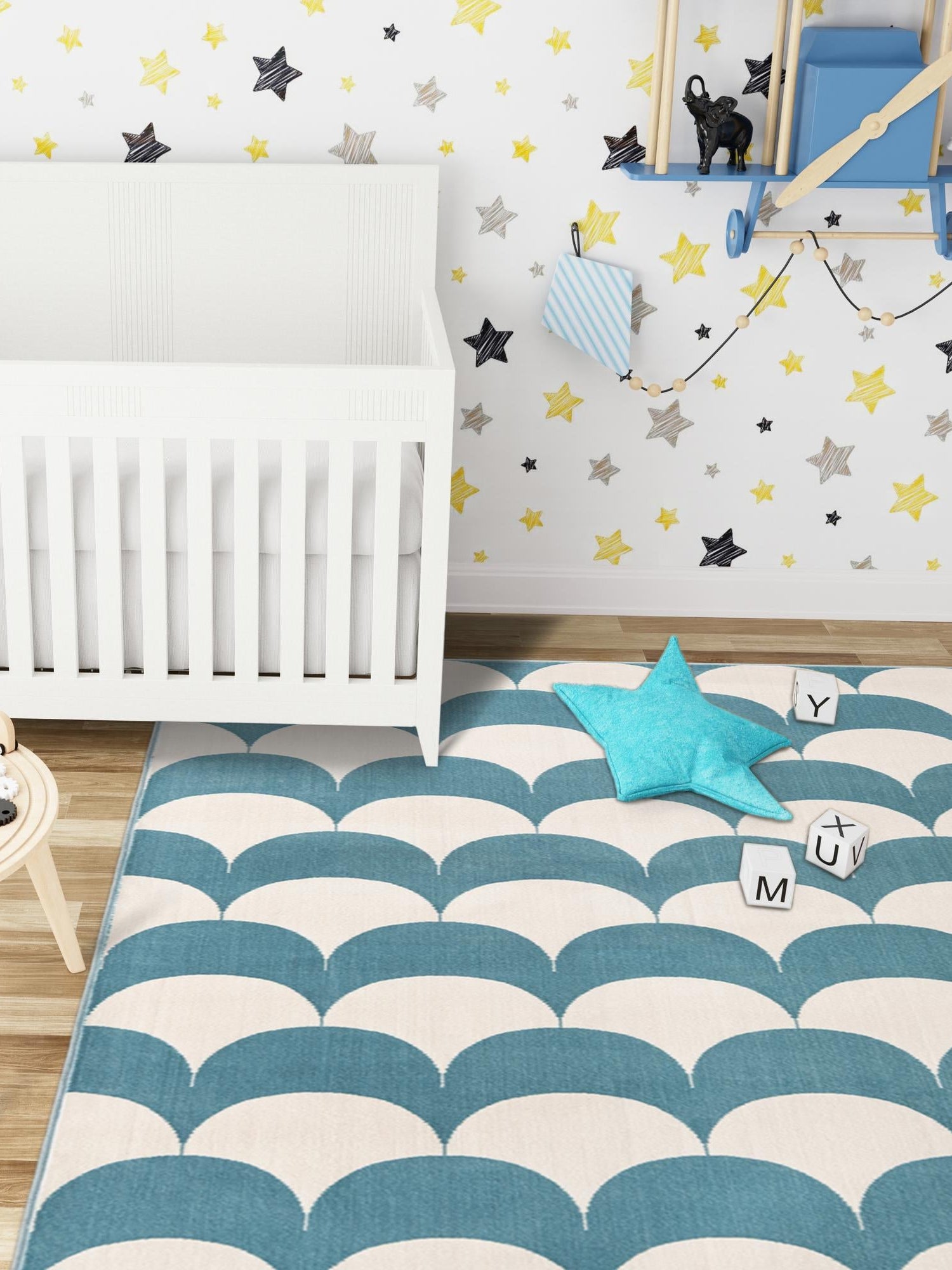 Sky blue 5' 1 x 7' 1 Whimsy Kids Rectangle Area Rug for Baby Nursery, Toddler Playroom, Bedrooms