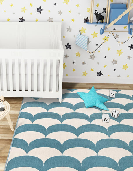 Sky blue 5' 1 x 7' 1 Whimsy Kids Rectangle Area Rug for Baby Nursery, Toddler Playroom,  Bedrooms Playful Fun Design Easy Clean Carpet for Sale at Rug Engine