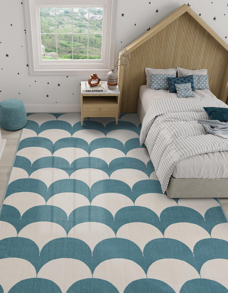 Sky blue 6' 1 x 9' Whimsy Kids Rectangle Area Rug for Baby Nursery, Toddler Playroom,  Bedrooms Playful Fun Design Easy Clean Carpet for Sale at Rug Engine