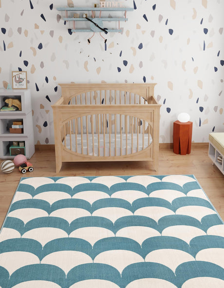Sky blue 6' 1 x 9' Whimsy Kids Rectangle Area Rug for Baby Nursery, Toddler Playroom,  Bedrooms Playful Fun Design Easy Clean Carpet for Sale at Rug Engine