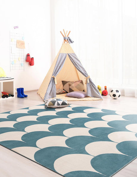Sky blue 7' 10 x 7' 10 Whimsy Kids Square Area Rug for Baby Nursery, Toddler Playroom, Bedrooms