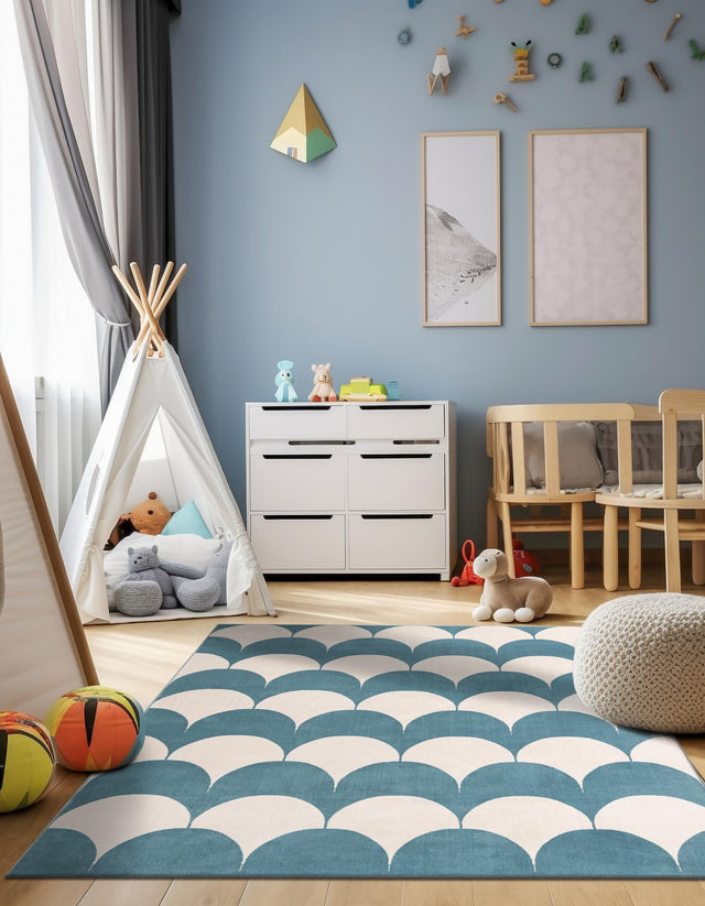 Sky blue 7' 10 x 7' 10 Whimsy Kids Square Area Rug for Baby Nursery, Toddler Playroom, Bedrooms