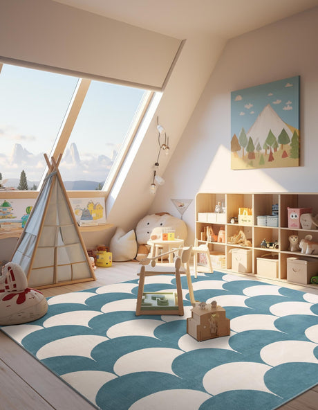 Sky blue 7' 10 x 7' 10 Whimsy Kids Square Area Rug for Baby Nursery, Toddler Playroom,  Bedrooms Playful Fun Design Easy Clean Carpet for Sale at Rug Engine