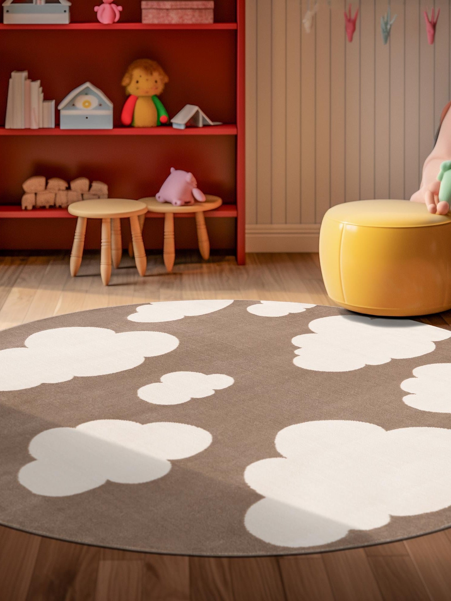 Hazelnut Beige 4' 1 x 4' 1 Whimsy Kids Round Area Rug for Baby Nursery, Toddler Playroom,  Bedrooms Playful Fun Design Easy Clean Carpet for Sale at Rug Engine