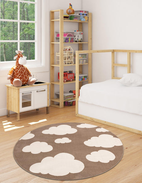 Hazelnut Beige 3' 1 x 3' 1 Whimsy Kids Round Area Rug for Baby Nursery, Toddler Playroom,  Bedrooms Playful Fun Design Easy Clean Carpet for Sale at Rug Engine