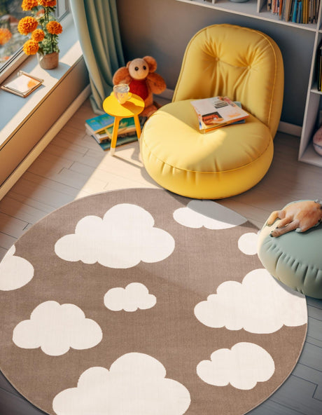 Hazelnut Beige 3' 1 x 3' 1 Whimsy Kids Round Area Rug for Baby Nursery, Toddler Playroom,  Bedrooms Playful Fun Design Easy Clean Carpet for Sale at Rug Engine
