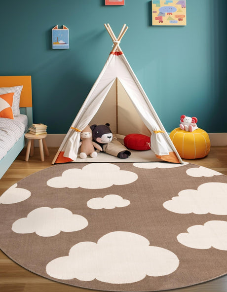 Hazelnut Beige 3' 1 x 3' 1 Whimsy Kids Round Area Rug for Baby Nursery, Toddler Playroom,  Bedrooms Playful Fun Design Easy Clean Carpet for Sale at Rug Engine