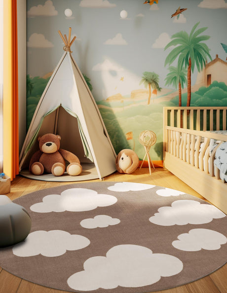 Hazelnut Beige 7' 10 x 7' 10 Whimsy Kids Round Area Rug for Baby Nursery, Toddler Playroom,  Bedrooms Playful Fun Design Easy Clean Carpet for Sale at Rug Engine